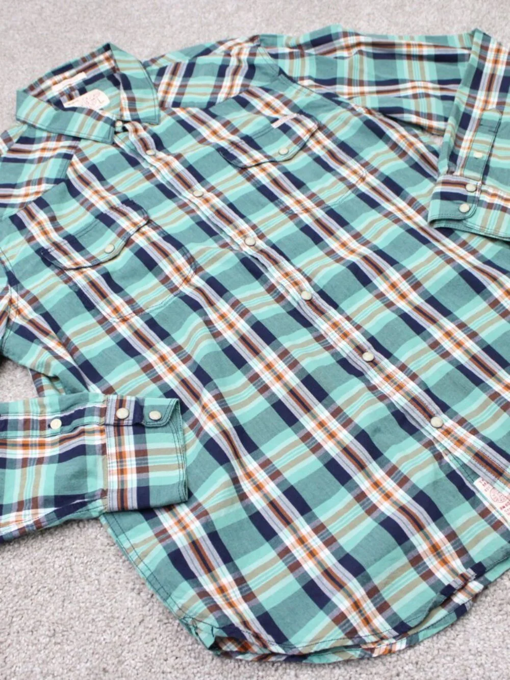 Lucky Brand Shirt Men Large Green/Blue/Orange Classic Fit Pearl Snap Long Sleeve